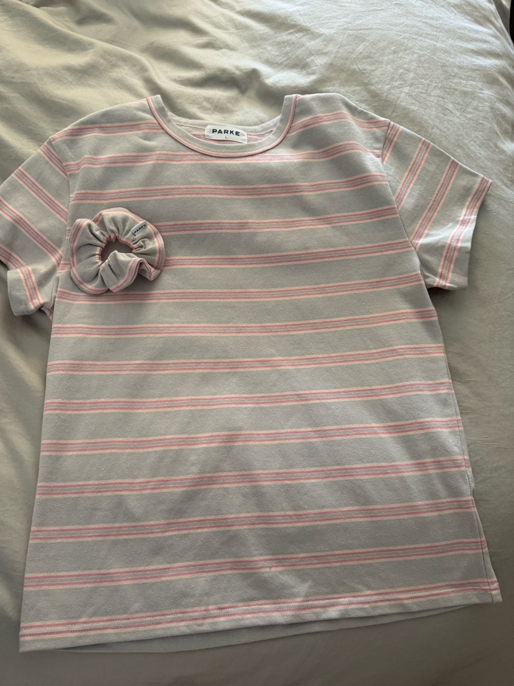 Parke Valentines Pink and White Striped Short Sleeve Tee Large with Scrunchie